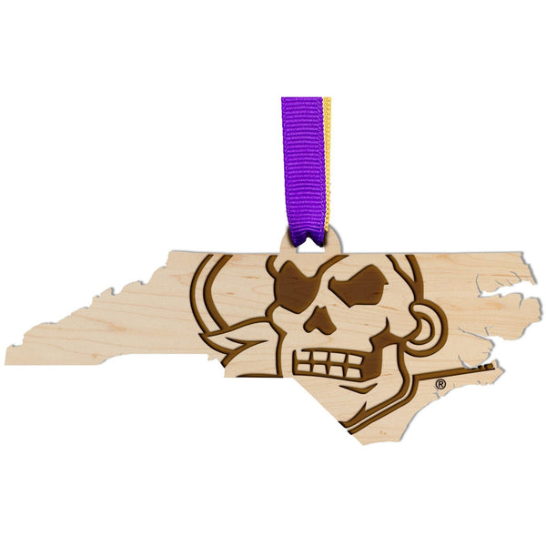 ECU Pirates Ornament – Crafted from Cherry and Maple Wood – Click to see Multiple Designs Available – East Carolina University (ECU) Ornament LazerEdge Maple Skull and Bones on State 