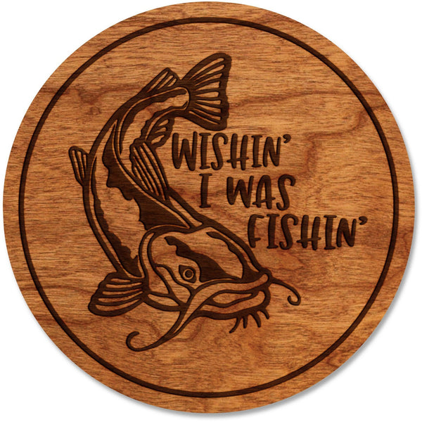 Fresh Water Fish Coaster - Crafted from Cherry or Maple Wood Coaster LazerEdge Cherry Wishin' I was Fishin' 