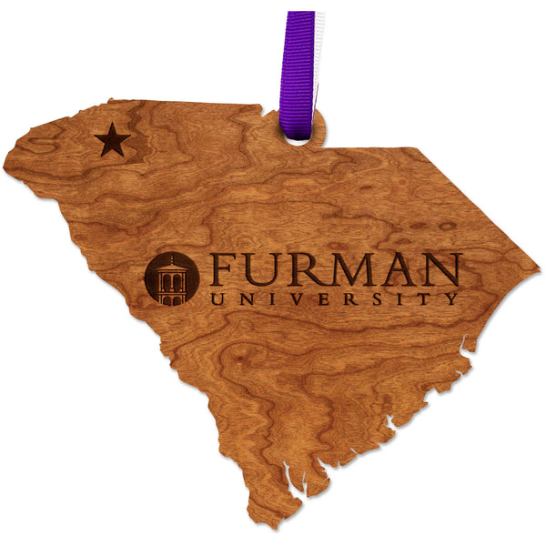 Furman University Ornaments - Crafted from Cherry or Maple Wood - Multiple Designs Available Ornament LazerEdge Cherry Furman Wordmark on State 