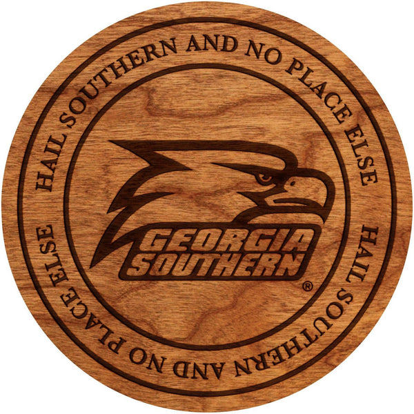 Georgia Southern University - Coaster - Athletic Eagle Head Logo with "HAIL SOUTHERN AND NO PLACE ELSE" - Cherry - by LazerEdge Coaster Shop LazerEdge Cherry 