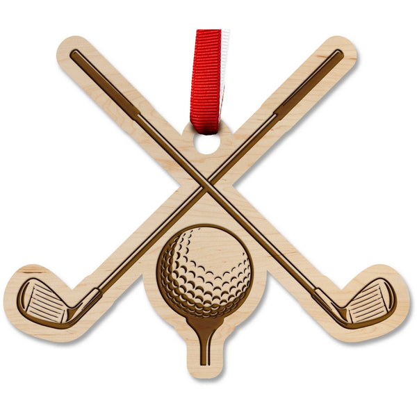 Golf Ornament - Crossed Clubs Ball and Tee Ornament LazerEdge Maple 