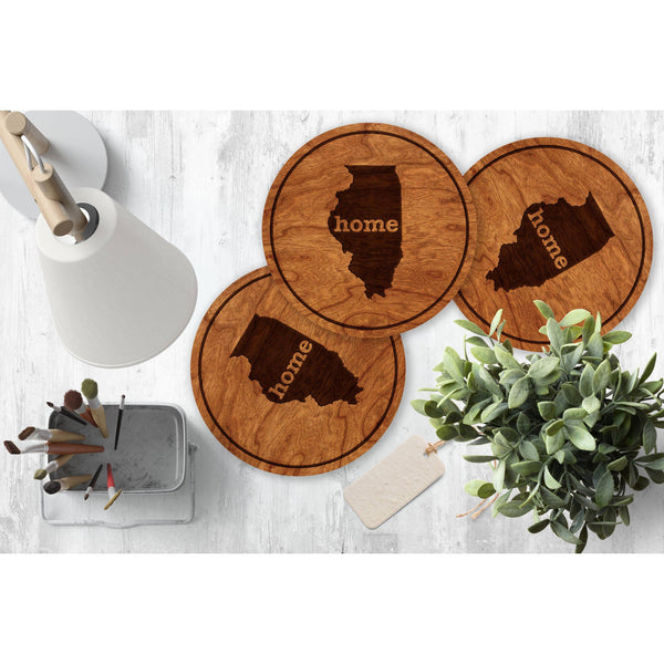 "Home" State Outline Cherry Coaster (Available In All 50 States) Coaster Shop LazerEdge IL - Illinois Cherry 