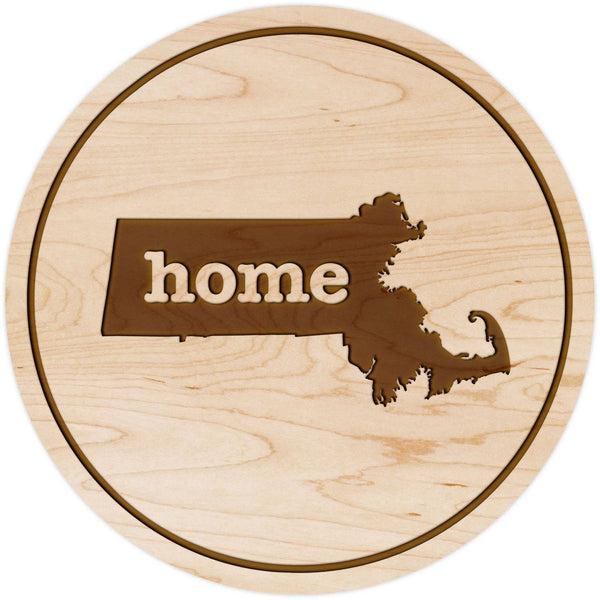 "Home" State Outline Maple Coaster (Available In All 50 States) Coaster Shop LazerEdge MA - Massachusetts Maple 