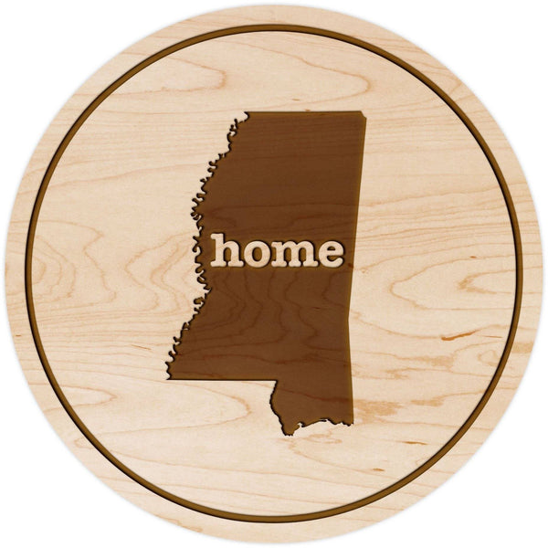 "Home" State Outline Maple Coaster (Available In All 50 States) Coaster Shop LazerEdge MS - Mississippi Maple 