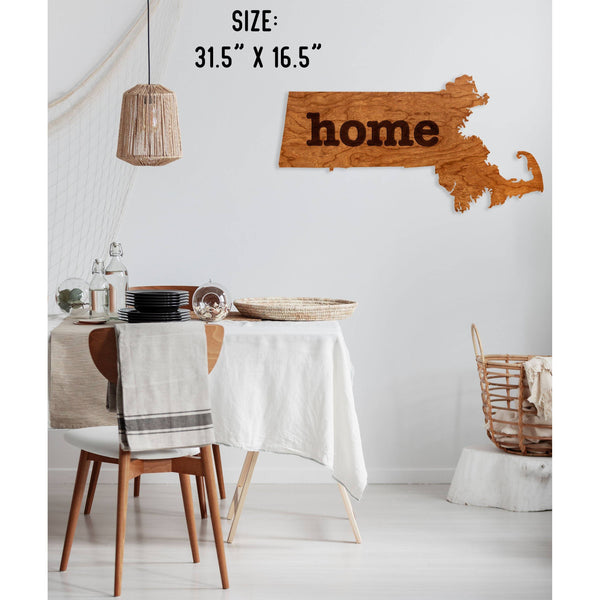 "Home" State Outline Wall Hanging (Available In All 50 States) Large Size Wall Hanging Shop LazerEdge MA - Massachusetts Cherry 