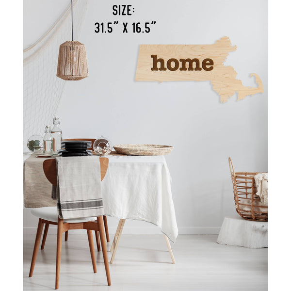 "Home" State Outline Wall Hanging (Available In All 50 States) Large Size Wall Hanging Shop LazerEdge MA - Massachusetts Maple 