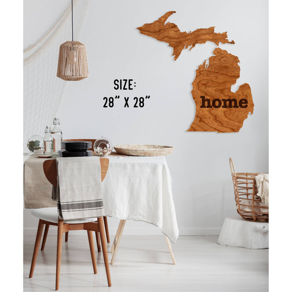 "Home" State Outline Wall Hanging (Available In All 50 States) Large Size Wall Hanging Shop LazerEdge MI - Michigan Cherry 