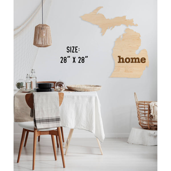 "Home" State Outline Wall Hanging (Available In All 50 States) Large Size Wall Hanging Shop LazerEdge MI - Michigan Maple 