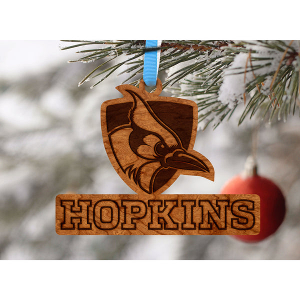 Johns Hopkins - Ornament - Logo - "Hopkins" with Blue Jay - Baby Blue and White Ribbon Ornament LazerEdge 
