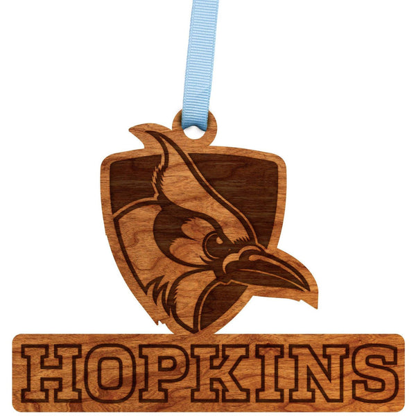 Johns Hopkins - Ornament - Logo - "Hopkins" with Blue Jay - Baby Blue and White Ribbon Ornament LazerEdge 