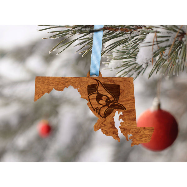 Johns Hopkins - Ornament - State Map with Shield and Blue Jay Ornament LazerEdge 