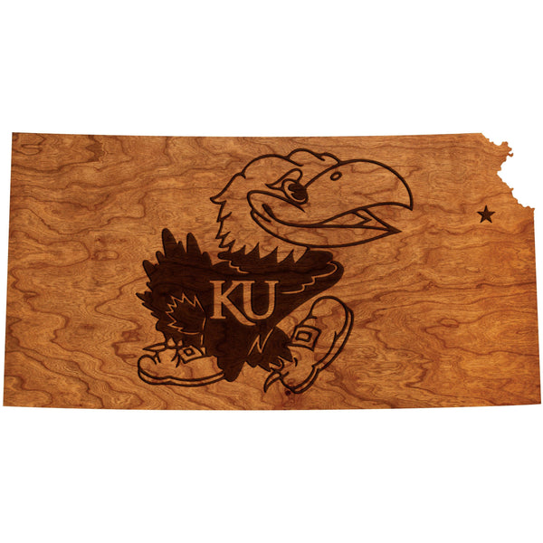 Kansas - Wall Hanging - Crafted from Cherry or Maple Wood Wall Hanging LazerEdge Standard Cherry Jayhawk on State
