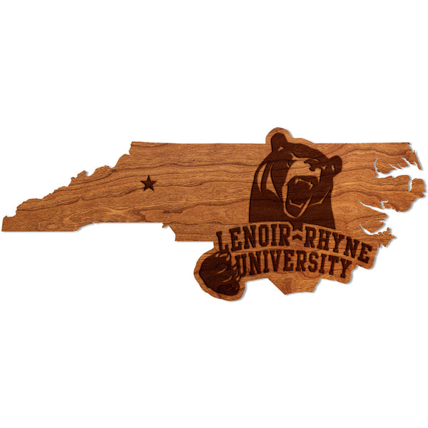 Lenoir-Rhyne University - Wall Hangings - Crafted from Cherry and Maple Wood Wall Hanging LazerEdge Standard Cherry Lenoir-Rhyne Bear on State