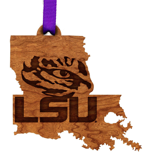 LSU - Ornament - State Map with Tiger Eye over LSU Ornament LazerEdge 