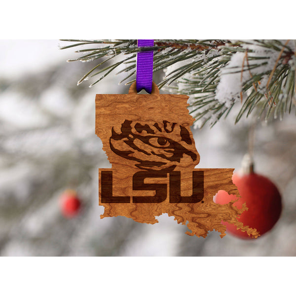 LSU - Ornament - State Map with Tiger Eye over LSU Ornament LazerEdge 