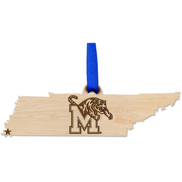 Memphis - Ornament - State Map with Block M with Tiger Ornament LazerEdge Maple 