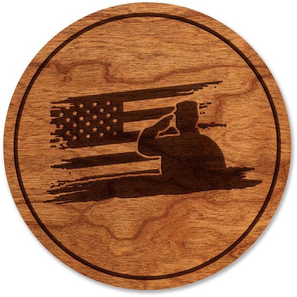 Military Salute with American Flag Cherry Coaster Coaster LazerEdge Cherry 