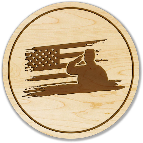Military Salute with American Flag Cherry Coaster Coaster LazerEdge Maple 