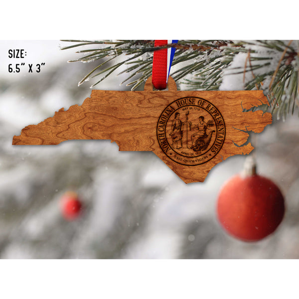 NC Government Ornaments (Multiple Designs Available) Ornament Shop LazerEdge NC House of Representatives Seal on State Shape Cherry 
