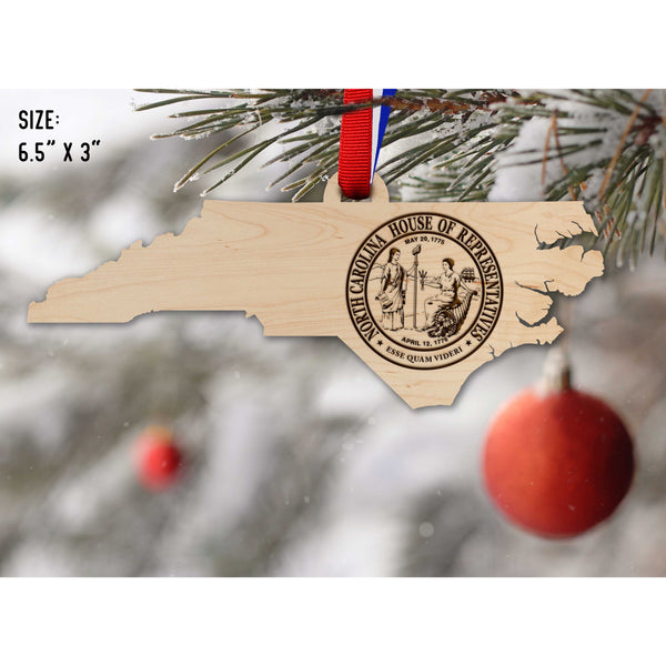 NC Government Ornaments (Multiple Designs Available) Ornament Shop LazerEdge NC House of Representatives Seal on State Shape Maple 