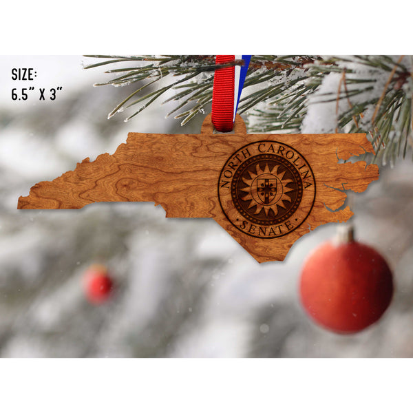 NC Government Ornaments (Multiple Designs Available) Ornament Shop LazerEdge NC Senate Seal on State Shape Cherry 