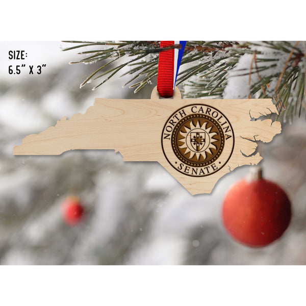 NC Government Ornaments (Multiple Designs Available) Ornament Shop LazerEdge NC Senate Seal on State Shape Maple 