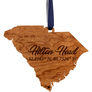 Ornament - SC State Map with "Hilton Head" and Coordinates - Cherry - Navy Blue and White Ribbon Ornament LazerEdge 