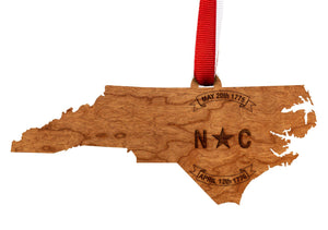 Ornament - State Map with NC Flag Seal - Cherry Ornament LazerEdge 