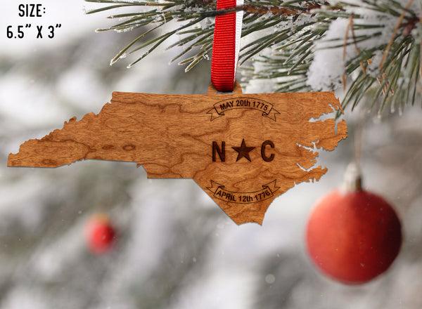 Ornament - State Map with NC Flag Seal - Cherry Ornament LazerEdge 