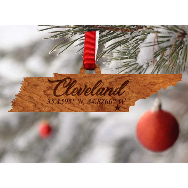 Ornament - TN State Map with "Cleveland" and Coordinates - Cherry - Red and White Ribbon Ornament LazerEdge 