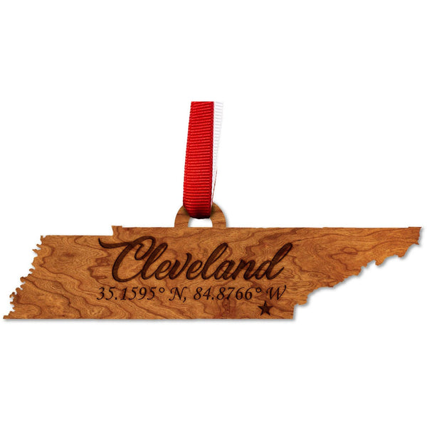 Ornament - TN State Map with "Cleveland" and Coordinates - Cherry - Red and White Ribbon Ornament LazerEdge 