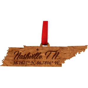 Ornament - TN State Map with "Nashville" and Coordinates - Cherry - Red and White Ribbon Ornament LazerEdge 