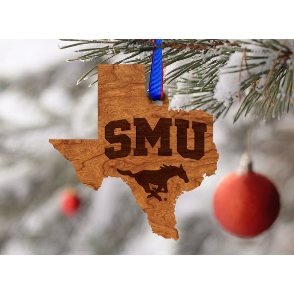 Southern Methodist University - Ornament - State Map with "SMU" over Mustang Ornament LazerEdge 