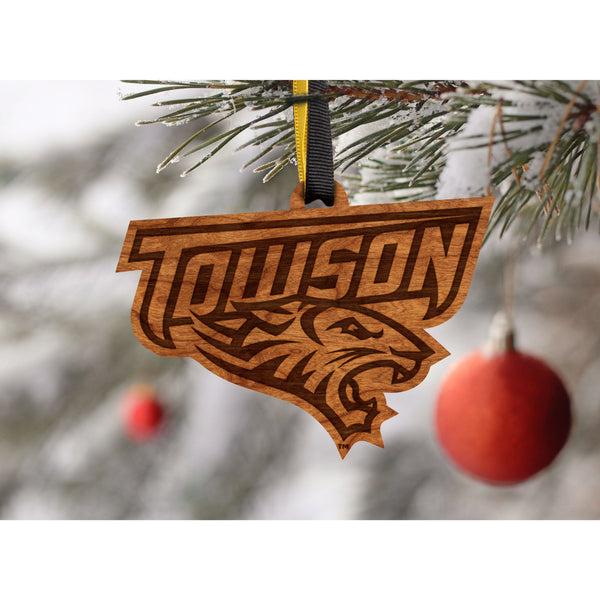 Towson - Ornament - Logo - "Towson" Text with Tiger - Black and Yellow Ribbon Ornament LazerEdge 