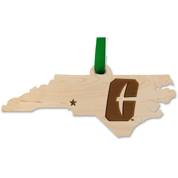 UNC Charlotte Logo Ornament - Crafted from Cherry and Maple Wood Ornament LazerEdge State Outline Maple 