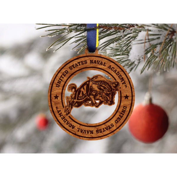United States Naval Academy - Ornament - Circle with Ornament Loop - Ram Logo with "United States Naval Academy - Navy Blue and Vegas Gold Ribbon Ornament LazerEdge 