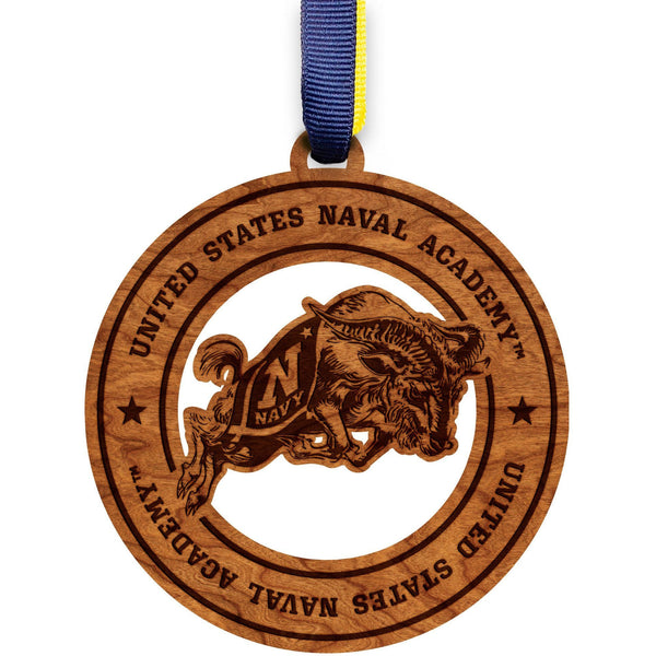 United States Naval Academy - Ornament - Circle with Ornament Loop - Ram Logo with "United States Naval Academy - Navy Blue and Vegas Gold Ribbon Ornament LazerEdge 