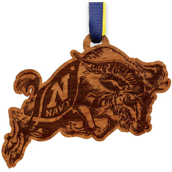 United States Naval Academy - Ornament - Logo - Charging Ram - Navy Blue and Vegas Gold Ribbon Ornament LazerEdge 