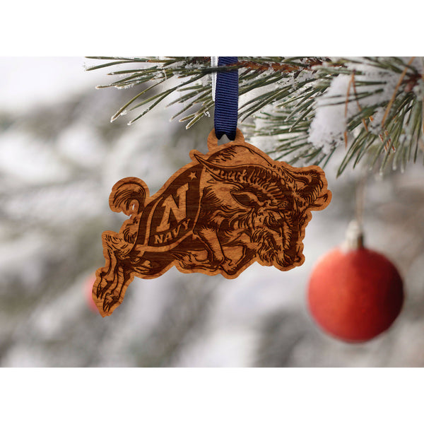 United States Naval Academy - Ornament - Logo - Charging Ram - Navy Blue and Vegas Gold Ribbon Ornament LazerEdge 