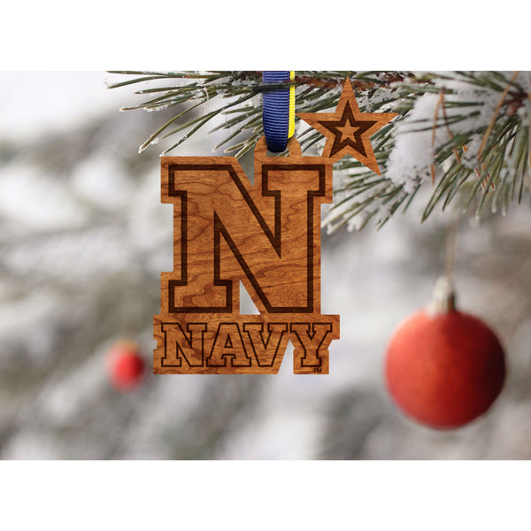 United States Naval Academy - Ornament - Logo Cutout - Naval Academy Block N - Navy Blue and Vegas Gold Ribbon Ornament LazerEdge 