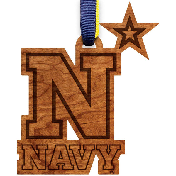 United States Naval Academy - Ornament - Logo Cutout - Naval Academy Block N - Navy Blue and Vegas Gold Ribbon Ornament LazerEdge 