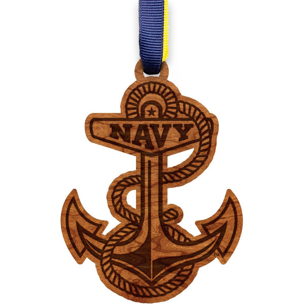 United States Naval Academy - Ornament - Naval Academy Anchor - Navy Blue and Vegas Gold Ribbon Ornament LazerEdge 