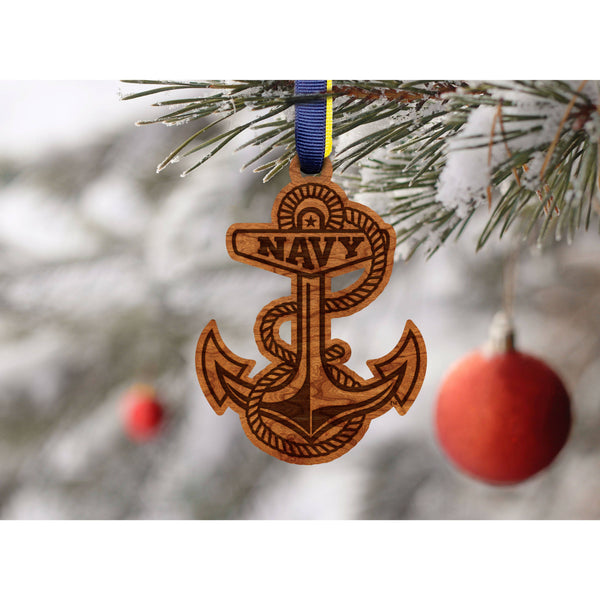 United States Naval Academy - Ornament - Naval Academy Anchor - Navy Blue and Vegas Gold Ribbon Ornament LazerEdge 