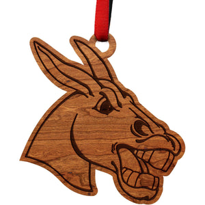 Central Missouri Mules Ornament – Crafted from Cherry and Maple Wood – Click to see Multiple Designs Available – The University of Central Missouri Ornament Shop LazerEdge Cherry Mule Logo 