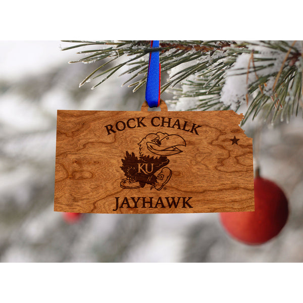 University of Kansas - Ornament - State Map with Rock Chalk Jayhawk - Cherry Ornament Shop LazerEdge 