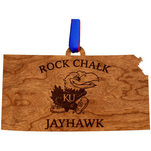 University of Kansas - Ornament - State Map with Rock Chalk Jayhawk - Cherry Ornament Shop LazerEdge 