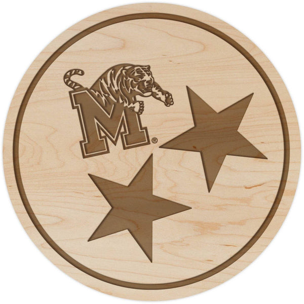 University of Memphis Tigers Coaster Tri Star with Block M and Tiger Coaster LazerEdge Maple 