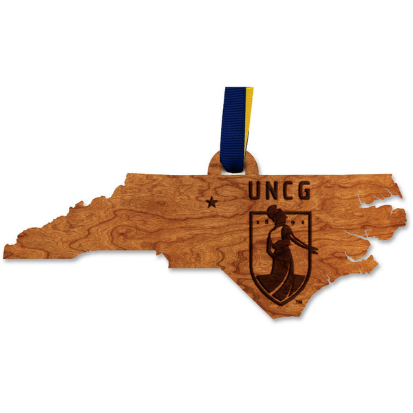 University of North Carolina Greensboro - Ornament - Crafted from Cherry or Maple Wood Ornament LazerEdge Cherry UNCG Institution Mark on State 