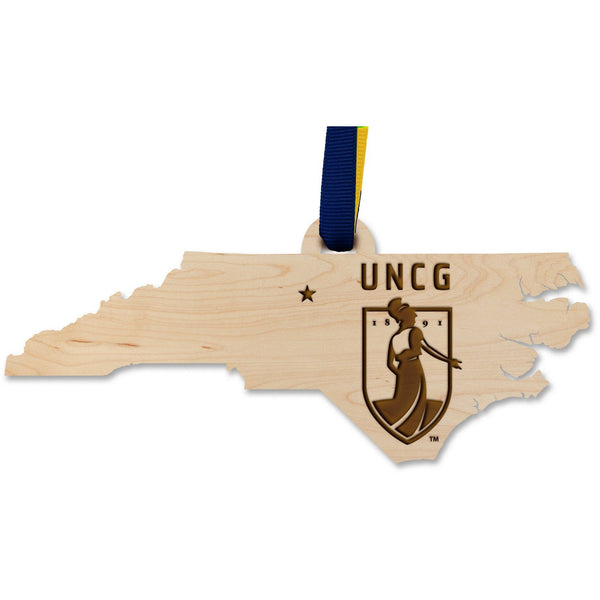 University of North Carolina Greensboro - Ornament - Crafted from Cherry or Maple Wood Ornament LazerEdge Maple UNCG Institution Mark on State 