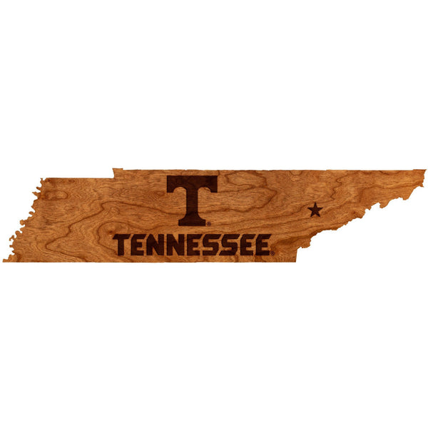 University of Tennessee Wall Hanging – Crafted from Cherry or Maple Wood – The University of Tennessee Knoxville (UT) Wall Hanging LazerEdge Standard Cherry Logo on State Outline